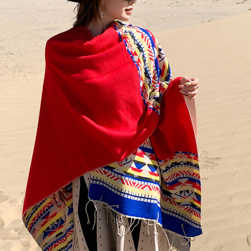 Nimara Ritual Tibetan Shawl Colorful Geometry Winter Cozy Travel Scarf Wrap