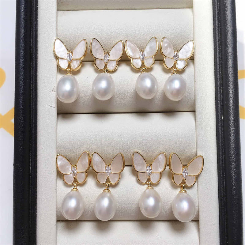 Nimara Ritual 925 Sterling Silver Posts 18K Gold Plated Copper Pearl Butterfly Optimism Stud Earrings