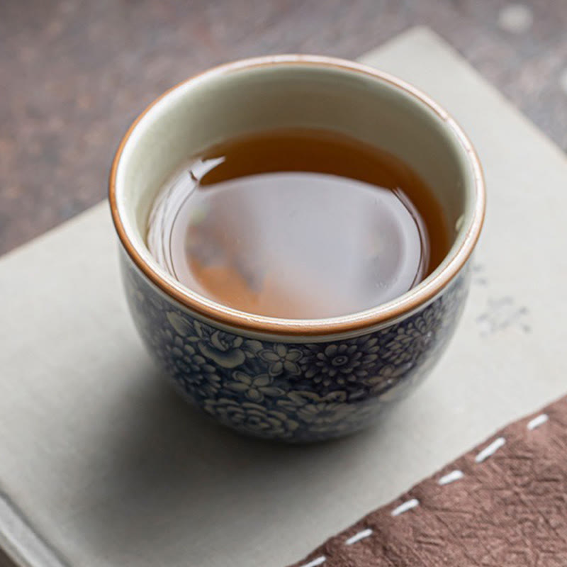 Nimara Ritual Blue Lotus Peach Blossom Chrysanthemum Design Ceramic Teacup Kung Fu Tea Cups