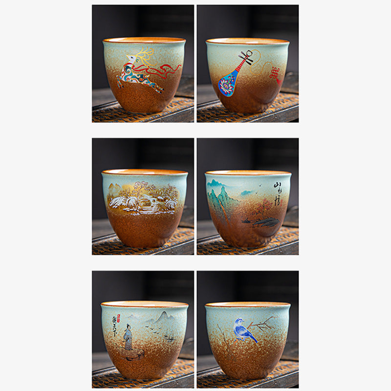 Nimara Ritual Colorful Deer Pipa Snow Plum Blossoms Mountains Rivers Bird Ceramic Teacup Kung Fu Tea Cup Bowl