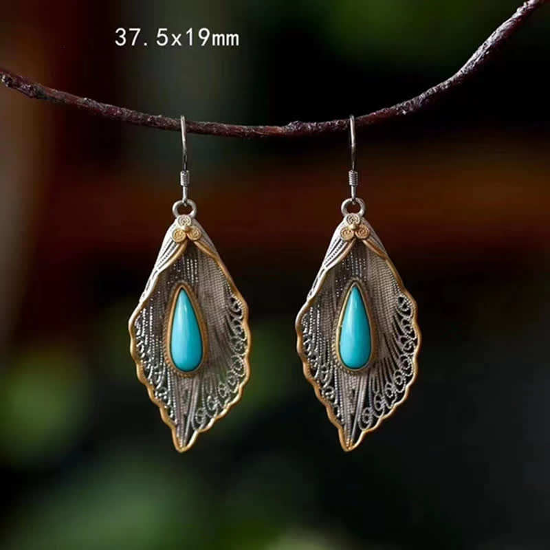 Nimara Ritual 925 Sterling Silver Turquoise Bodhi Leaf Pattern Protection Drop Dangle Earrings