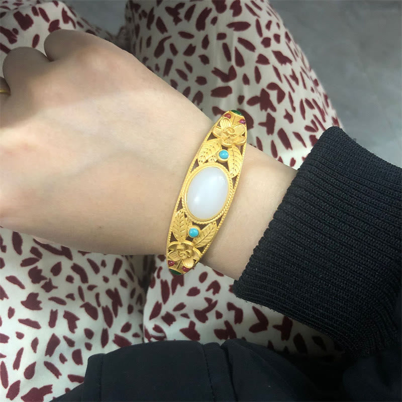 Nimara Ritual Cyan Jade White Jade Flower Leaf Harmony Luck Bracelet Bangle