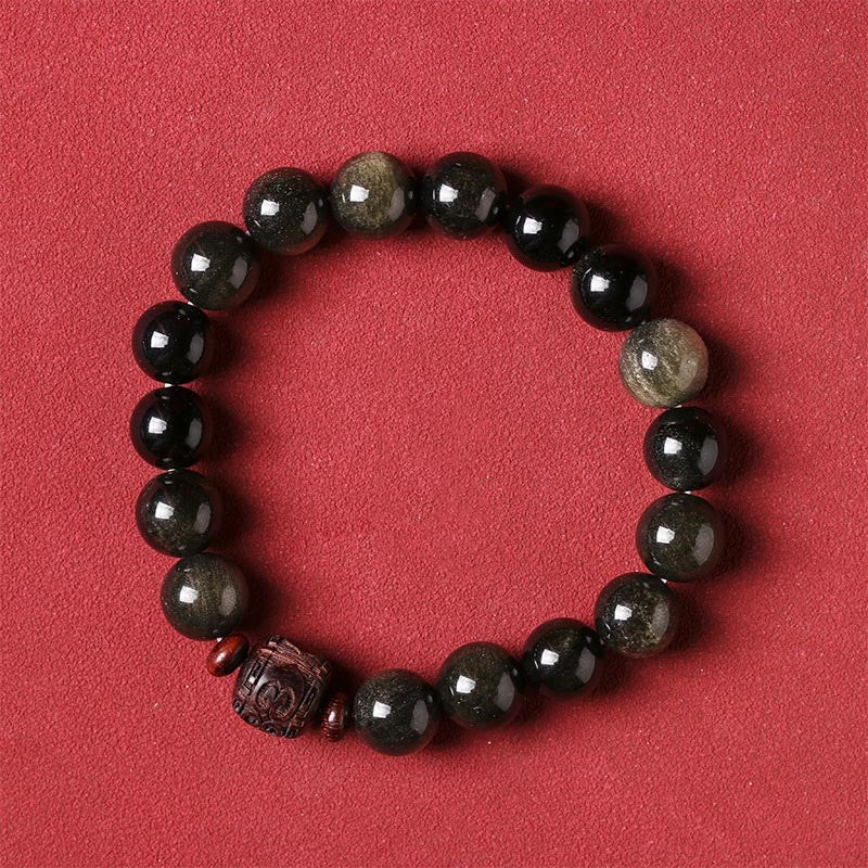 Nimara Ritual Natural Gold Sheen Obsidian Rainbow Obsidian Om Mani Padme Hum Fu Character Healing Bracelet