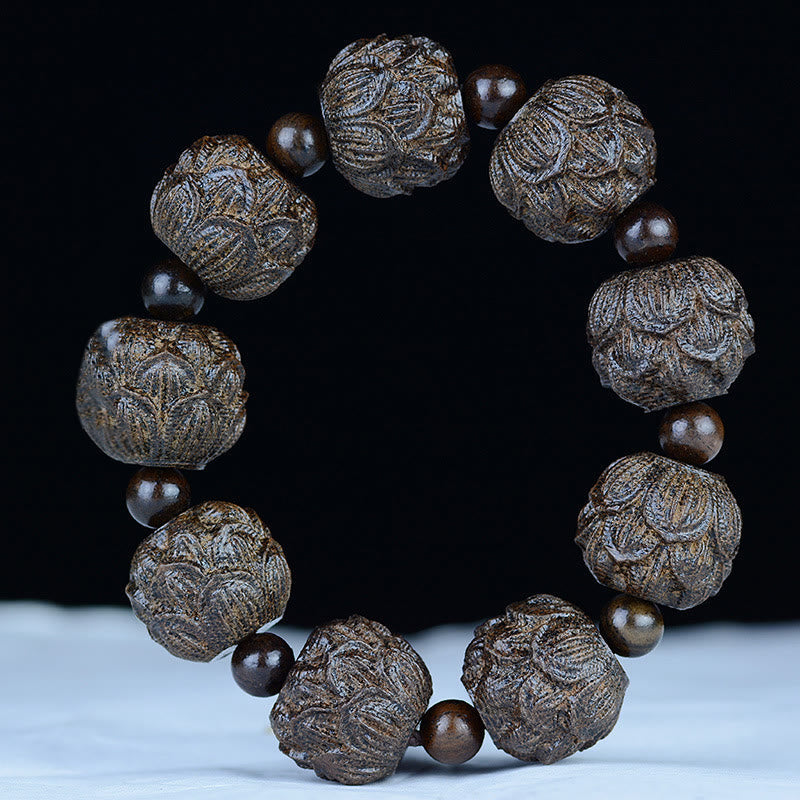 Nimara Ritual Ebony Wood Eighteen Arhats Lotus Dragon Engraved Balance Bracelet