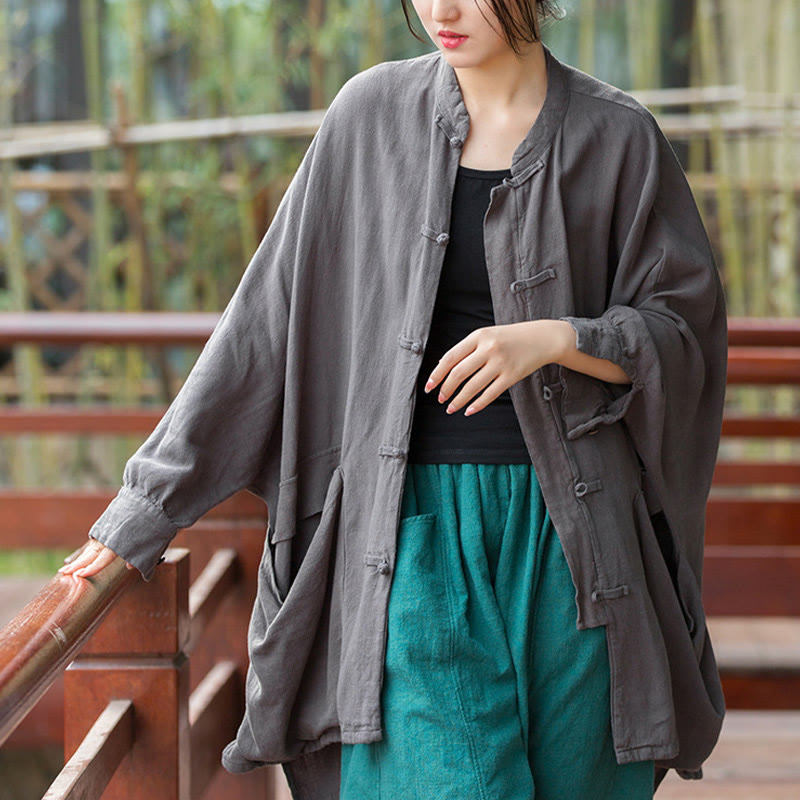 Nimara Ritual Frog-Button Long Sleeve Zen Meditation Open Front Jacket With Pockets