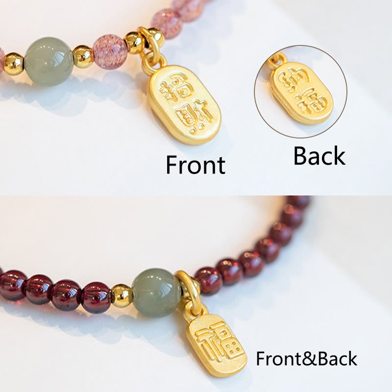 Nimara Ritual Natural Strawberry Quartz Garnet Jade Lucky Fortune Fu Character Healing Charm Bracelet