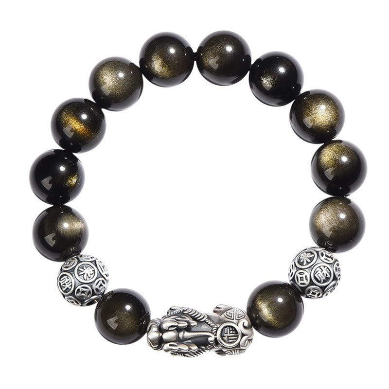 Nimara Ritual 925 Sterling Silver Natural Gold Sheen Obsidian PiXiu Wealth Protection Bracelet