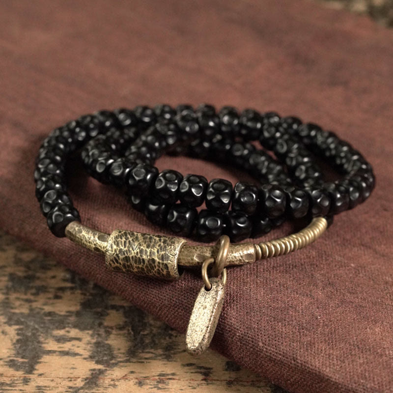 Nimara Ritual Retro Coconut Shell Brass Copper Happiness Triple Wrap Bracelet