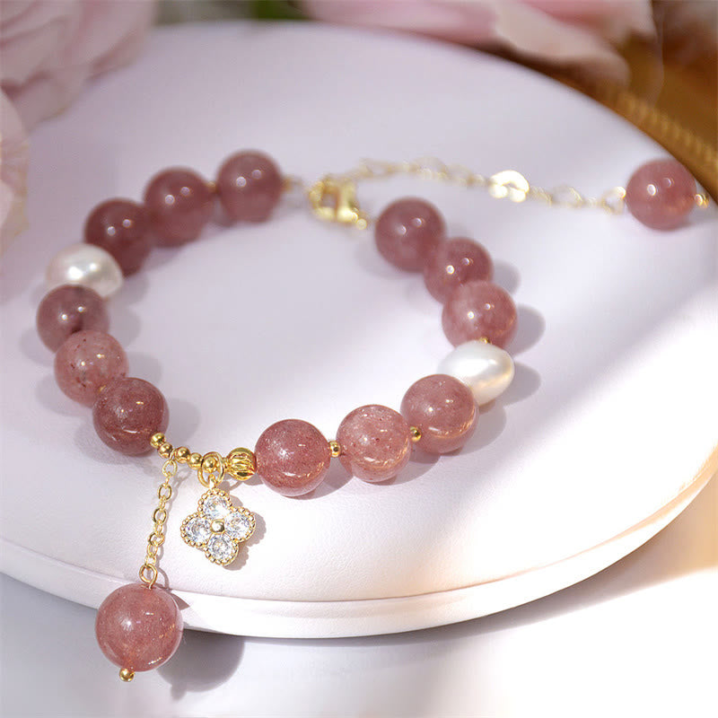 Nimara Ritual Natural Strawberry Quartz Pearl Four Leaf Clover Love Bracelet