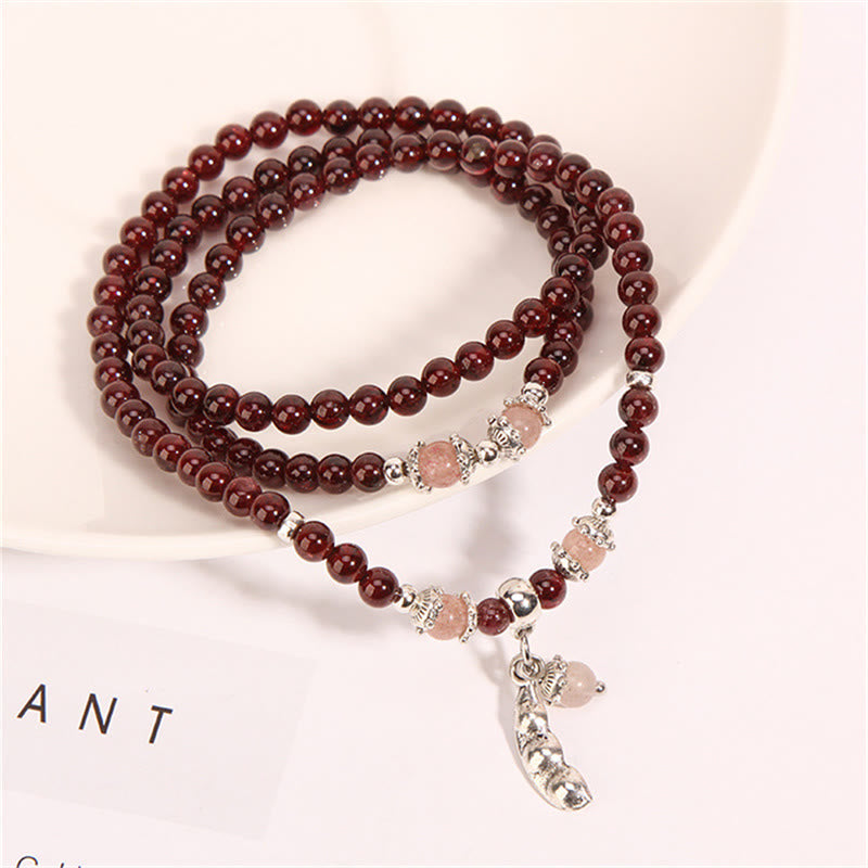 Nimara Ritual Natural Garnet Strawberry Quartz Green Beans PiXiu Protection Triple Wrap Bracelet