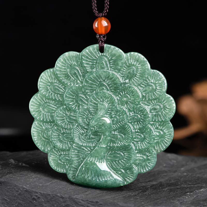 Nimara Ritual Natural Jade Peacock Luck Prosperity Necklace Pendant