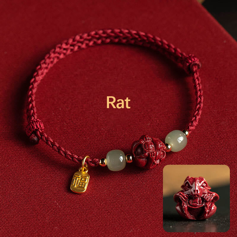 Nimara Ritual Natural Cinnabar Chinese Zodiac Hetian Jade Fu Character Luck Rope Bracelet