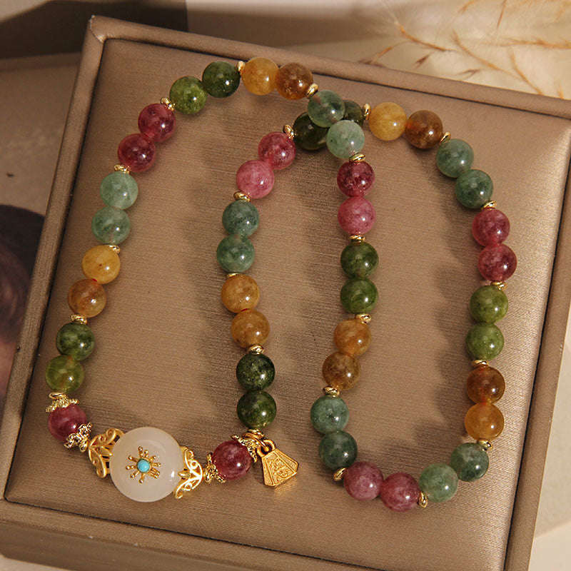 Nimara Ritual Natural Multicolored Tourmaline Positive Jade Flower Double Wrap Bracelet