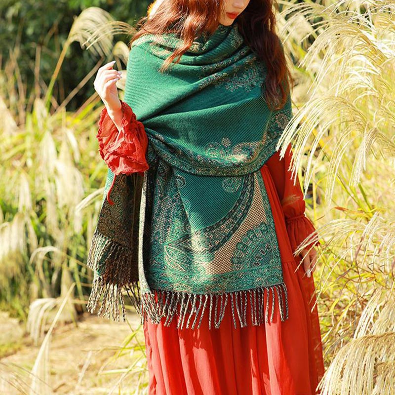 Nimara Ritual Tibetan Vine Leaves Pattern Design Shawl Cozy Travel Scarf Wrap