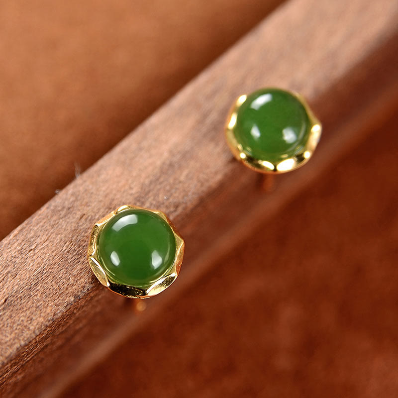 Nimara Ritual 925 Sterling Silver Plated Gold Natural Hetian Cyan Jade Bead Luck Stud Earrings