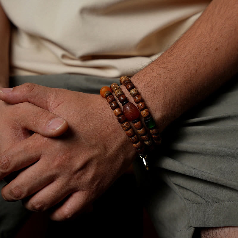 Nimara Ritual Tibetan Bodhi Seed Amber Dzi Bead Agate Zakiram Goddess of Wealth Beads Triple Wrap Bracelet