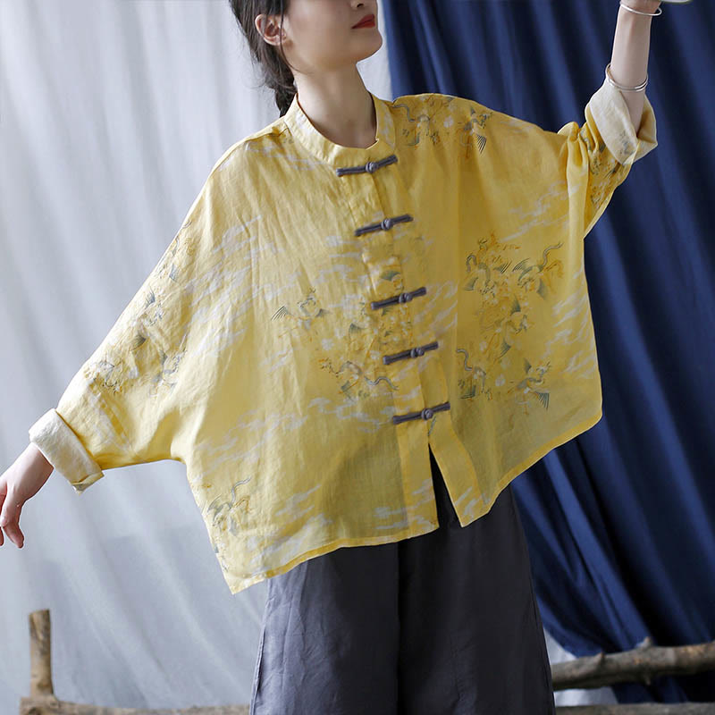 Nimara Ritual Yellow Phoenix Print Frog-button Design Long Sleeve Ramie Linen Jacket Shirt