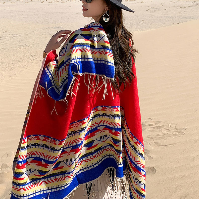 Nimara Ritual Tibetan Shawl Colorful Geometry Winter Cozy Travel Scarf Wrap