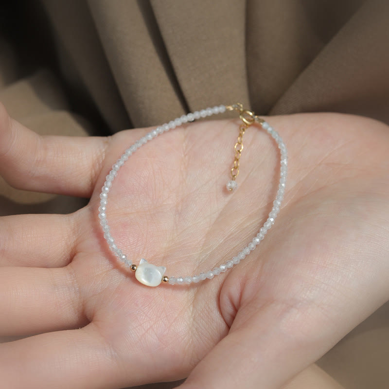 Nimara Ritual 14K Gold Plated Black Spinel White Crystal Cute Cat Tridacna Stone Healing Bracelet