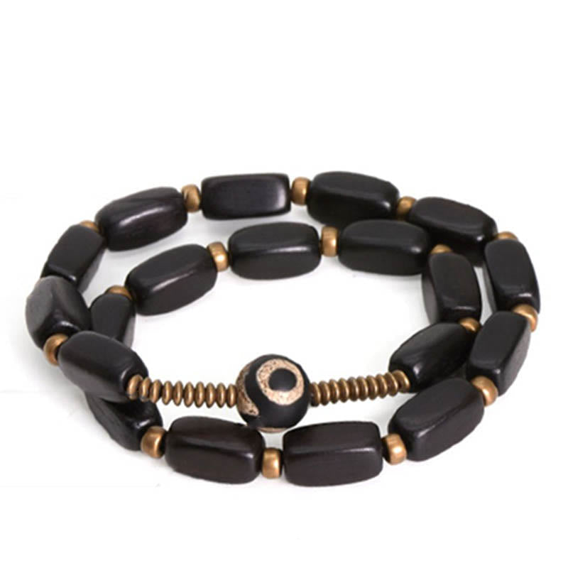 Nimara Ritual Tibet Ebony Wood Dzi Bead Copper Balance Double Wrap Bracelet