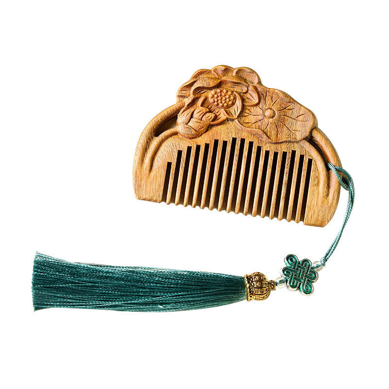 Nimara Ritual Natural Green Sandalwood Lotus Flower Leaf Engraved Soothing Comb