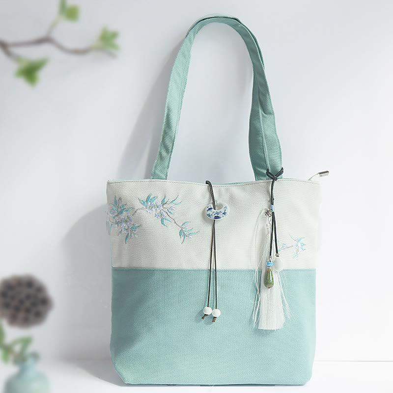 Nimara Ritual Pear Flower Plum Peach Blossom Bamboo Embroidery Canvas Large Capacity Shoulder Bag Tote Bag