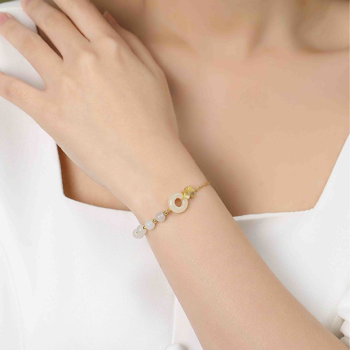 Nimara Ritual 925 Sterling Silver Hetian White Jade Peace Buckle Ginkgo Leaf Luck Bracelet