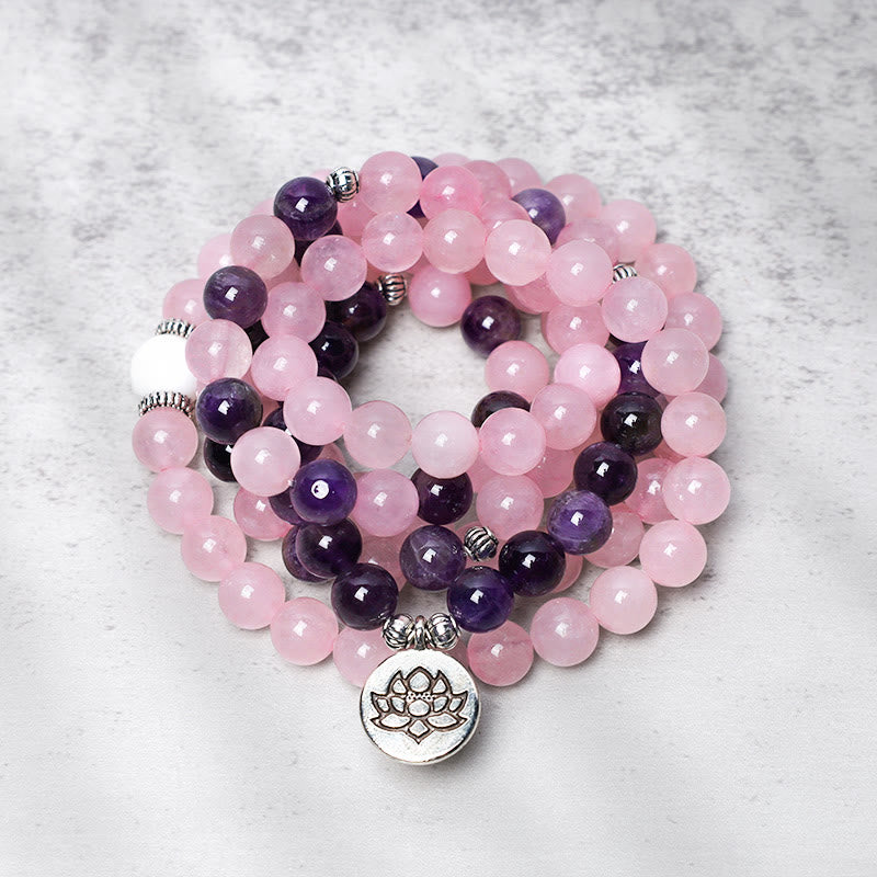 Nimara Ritual Natural Rose Quartz & Amethyst Mala Bead Lotus Pendant Bracelet