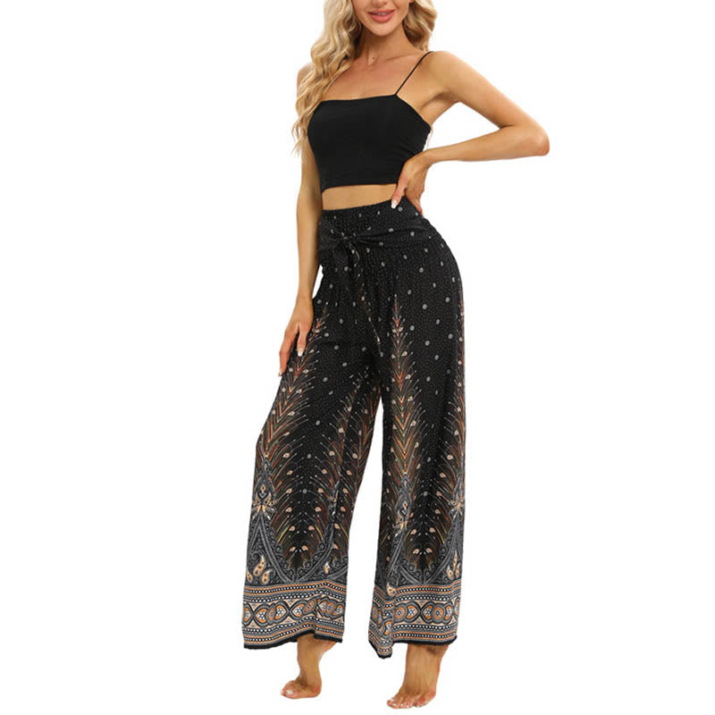 Nimara Ritual Boho Peacock Feathers Lace-up Wide Leg Pants Women's Yoga Pants