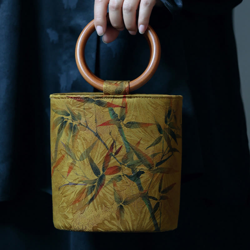 Nimara Ritual Bamboo Leaf Butterfly Cherry Blossom Persimmon Wood Handle Handbag