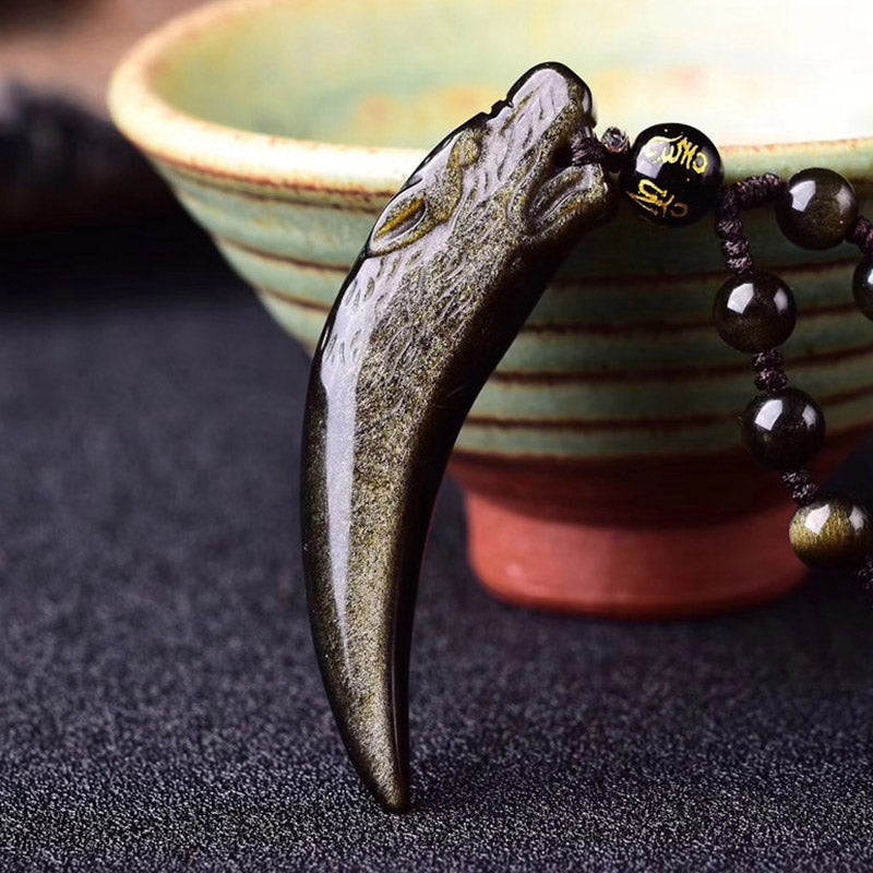 Nimara Ritual Natural Black Obsidian Ice Obsidian Rainbow Obsidian Wolf Tooth Pattern Strength Necklace Pendant