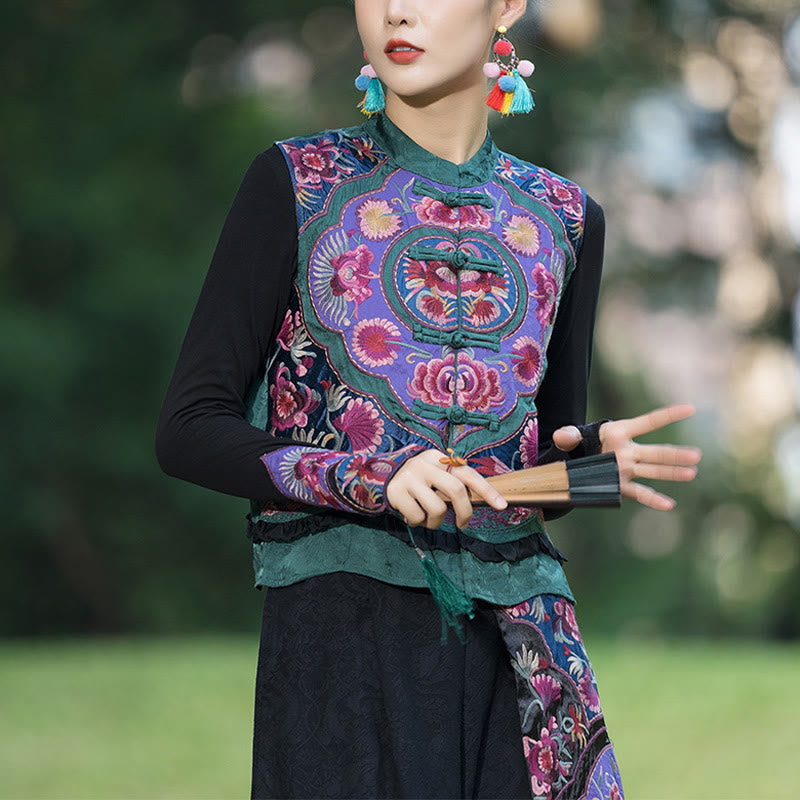 Nimara Ritual Frog-Button Embroidery Flowers Cotton Linen Tang Suit Design Sleeveless Vest