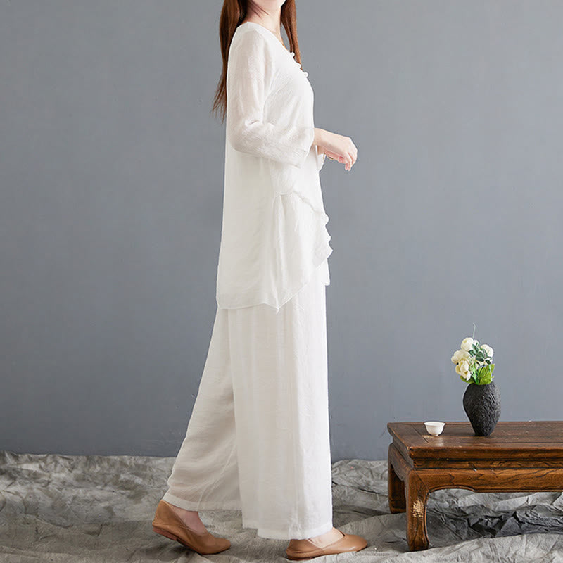 Nimara Ritual 2Pcs Frog-Button Long Sleeve Shirt Wide Leg Pants Meditation Cotton Linen Clothing