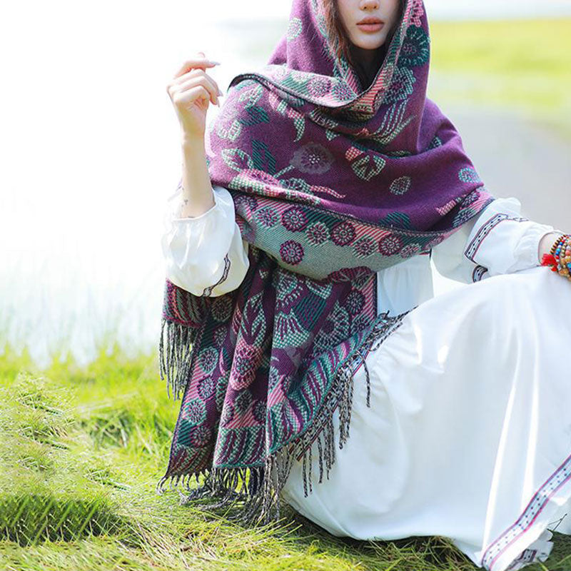 Nimara Ritual Tibetan Flower Floral Leaves Pattern Design Shawl Cozy Travel Scarf Wrap