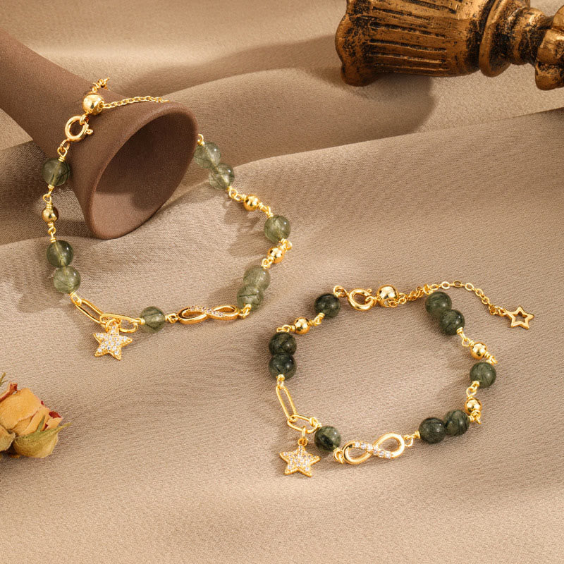 Nimara Ritual 14k Gold Plated Copper Green Rutilated Quartz MAbius Loop Eternal Love Star Protection Bracelet