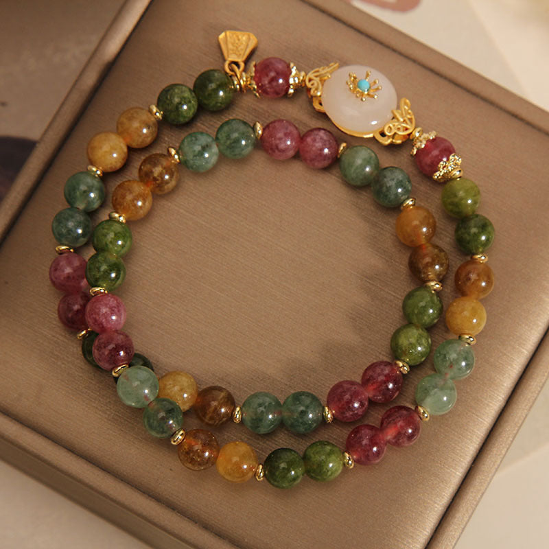 Nimara Ritual Natural Multicolored Tourmaline Positive Jade Flower Double Wrap Bracelet