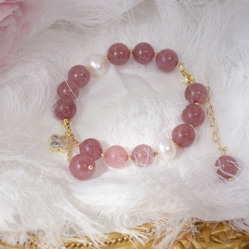 Nimara Ritual Natural Strawberry Quartz Pearl Four Leaf Clover Love Bracelet