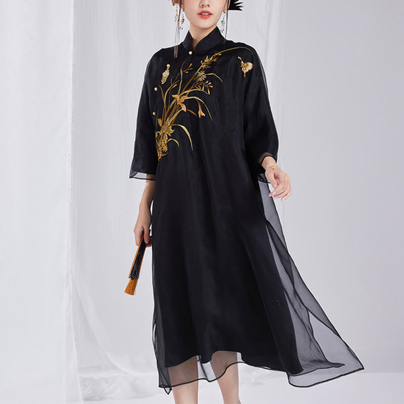 Nimara Ritual 100% Mulberry Silk 6 Momme Dress Vintage Flower Butterfly Embroidery Qipao Dress Women's Cheongsam Dress