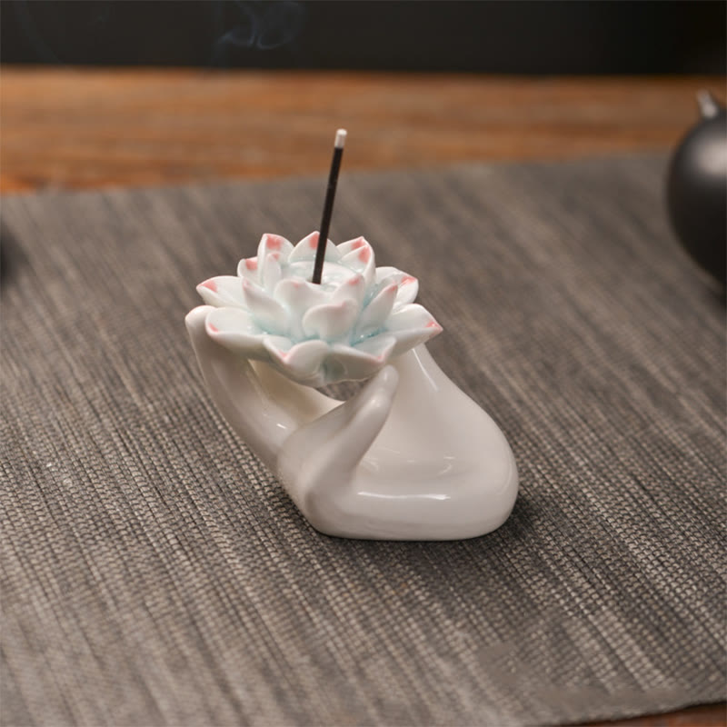 Nimara Ritual Small Ceramic Lotus Hand Healing Meditation Incense Burner Decoration