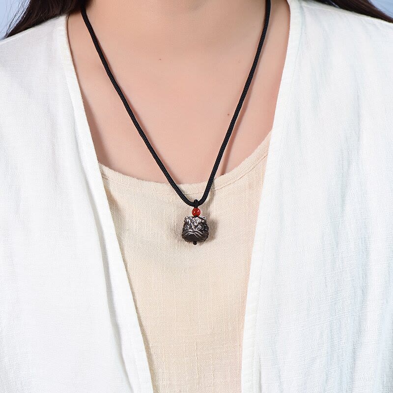 Nimara Ritual Natural Silver Sheen Obsidian Dancing Lion Protection Necklace Pendant