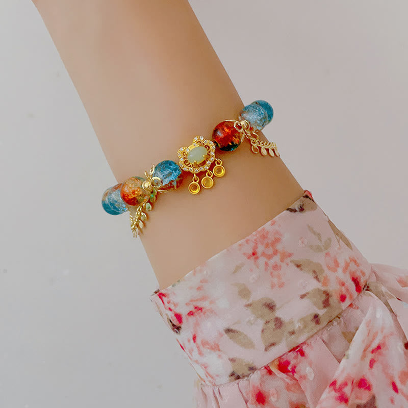 Nimara Ritual Colorful Liuli Glass Bead Chinese Lock Charm Fortune Bracelet