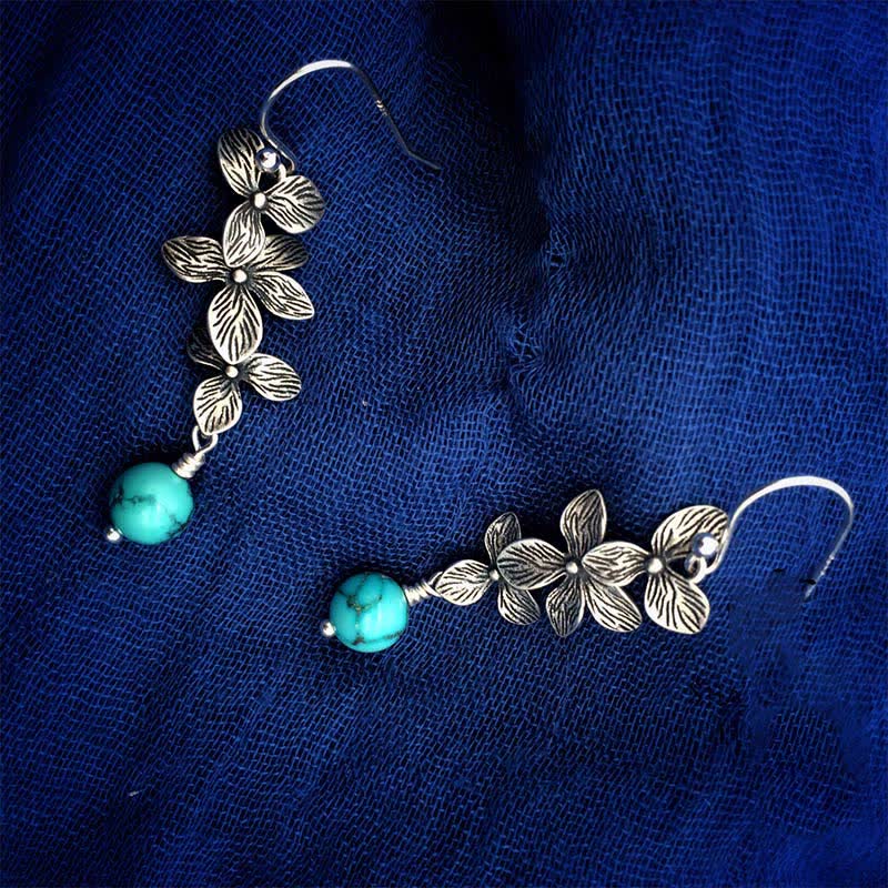 Nimara Ritual 925 Sterling Silver Turquoise Lazurite Flower Leaf Serenity Protection Hook Drop Dangle Earrings