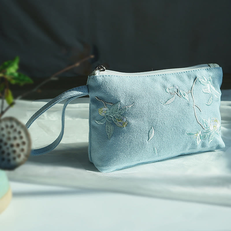 Nimara Ritual Small Flower Plum Cherry Crane Peach Blossom Embroidery Canvas Wallet Shopping Purse