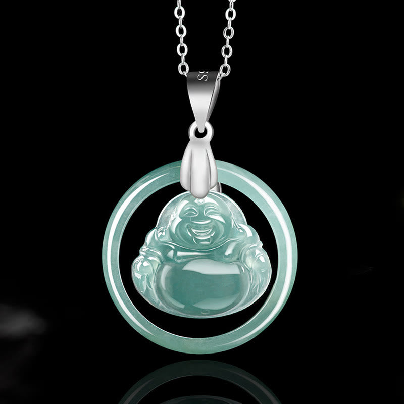 Nimara Ritual Natural Jade Round Laughing Buddha Abundance Titanium Steel Chain Necklace Pendant