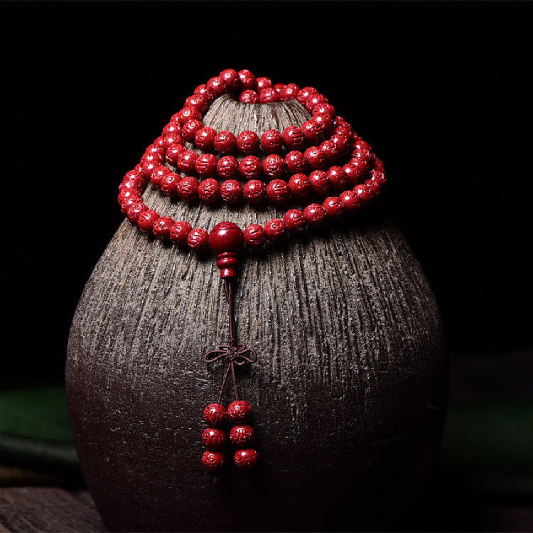 Nimara Ritual 108 Mala Beads Cinnabar Om Mani Padme Hum Pattern Engraved Blessing Bracelet