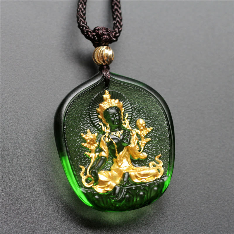 Nimara Ritual Tibetan Green Tara Buddha Gold Plated Liuli Crystal Protection Necklace Pendant