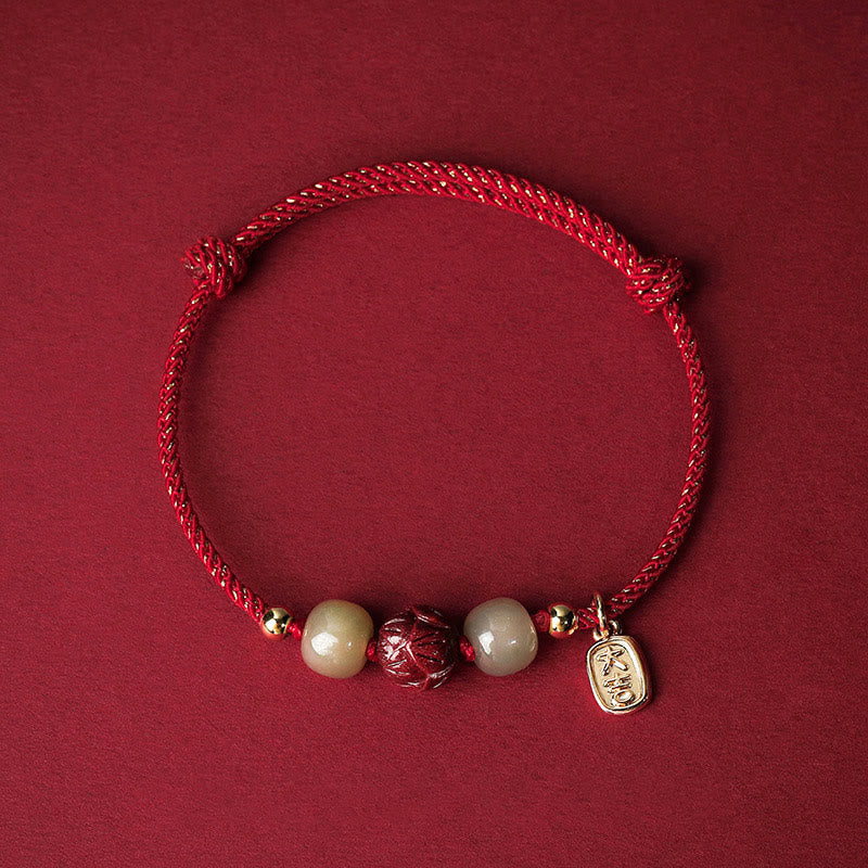 Nimara Ritual 14K Gold Plated Hetian Jade Cinnabar Lotus Luck Handcrafted Rope Bracelet