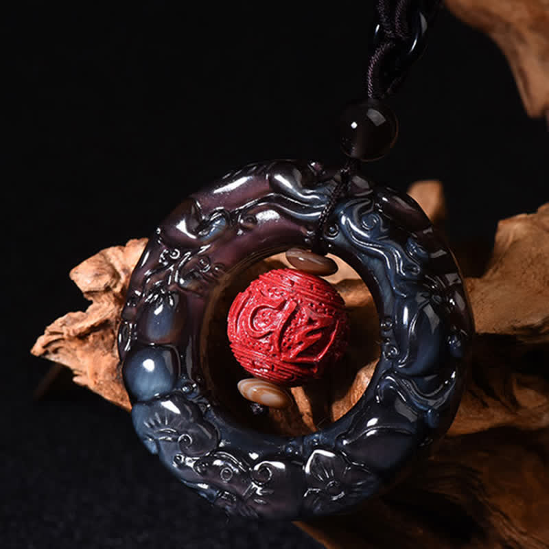 Nimara Ritual FengShui Natural Rainbow Obsidian PiXiu Cinnabar Healing Necklace Pendant