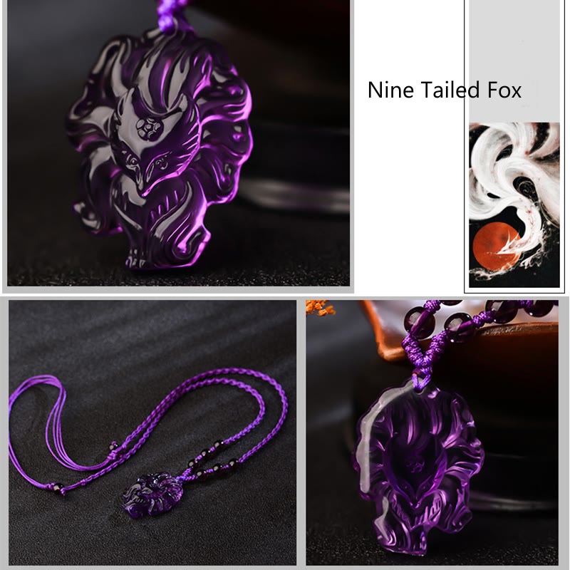 Nimara Ritual Natural Amethyst White Crystal Citrine Nine Tailed Fox Luck Necklace Pendant