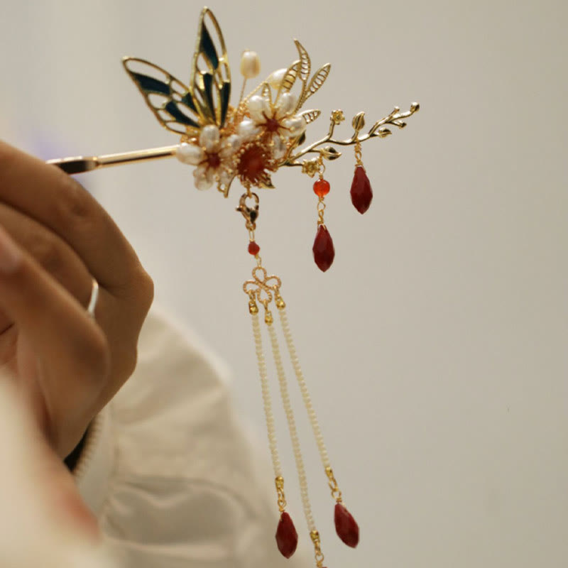 Nimara Ritual Classical Chinese Style Flower Branche Butterfly Pearl Tassel Hair Clip Hair Comb Hair Crown